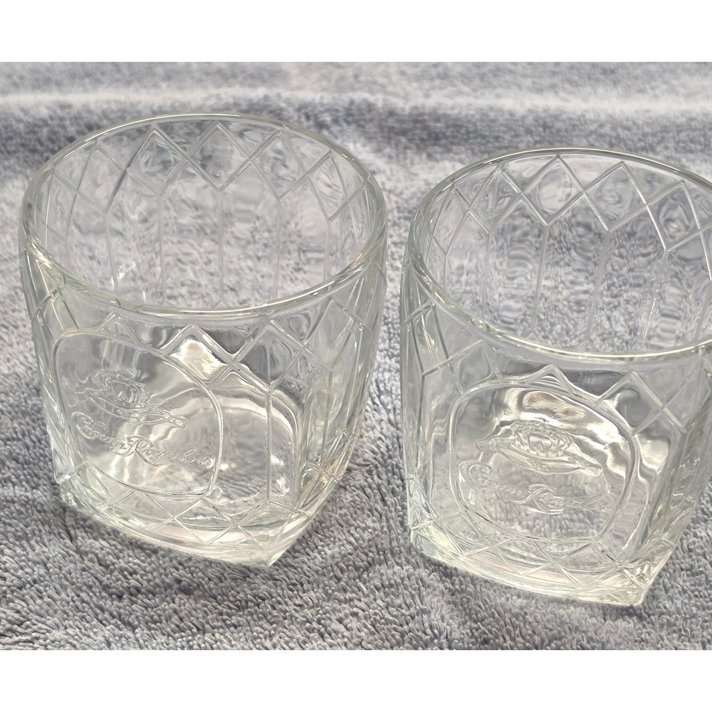 Crown Royal Rocks Glass Set of 2 Clear Excellent Diamond Quilt Embossed Logo